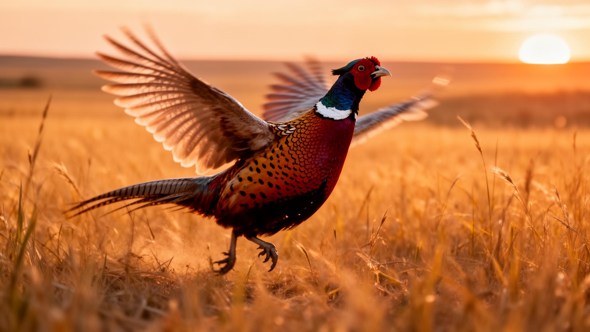 Rooster pheasant flushing over the South Dakota prairie at Prime Pheasant Hunting near Pukwana, SD