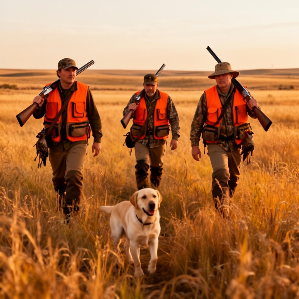 Hunters walking through South Dakota prairie grass with a Labrador retriever at Prime Pheasant Hunting